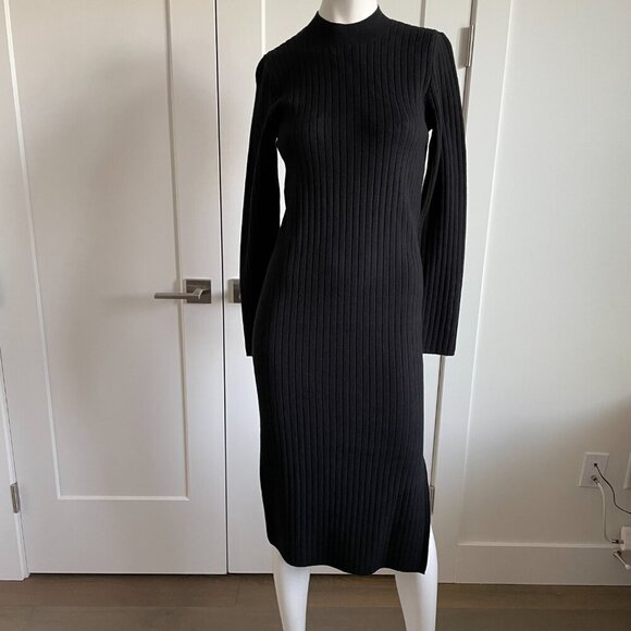 Apricot LS Mock Neck Knit Ribbed Midi Sweater Dress w Side Slit Black Sz XS NWT - Picture 16 of 16